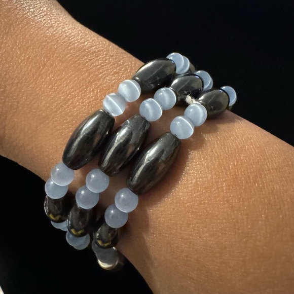 ✨2 for $30✨ Hematite, Pale Blue Cat’s Eye Gemstone Necklace / Wrap Bracelet - Picture 5 of 10